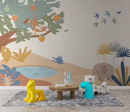 Maymunlu Orman Poster Duvar Kağıdı Pastel Çocuk Odası