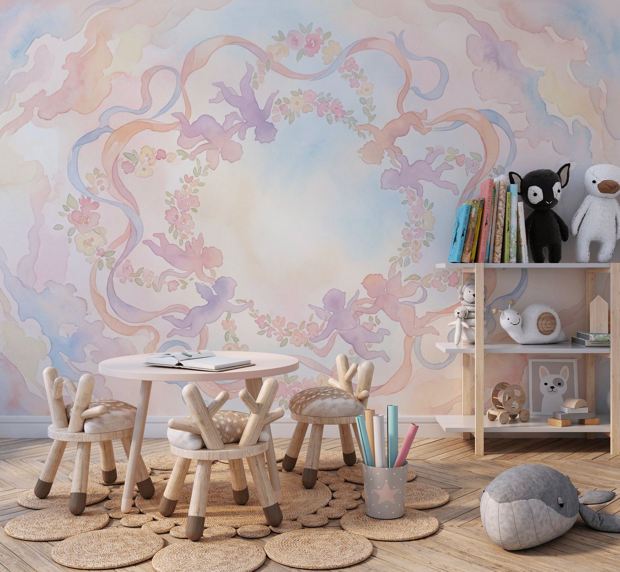 Pastel Melekli Çiçek Çelenk Poster Duvar Kağıdı Bebek Odası