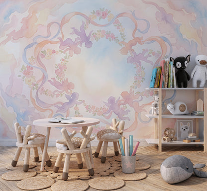 Pastel Melekli Çiçek Çelenk Poster Duvar Kağıdı Bebek Odası