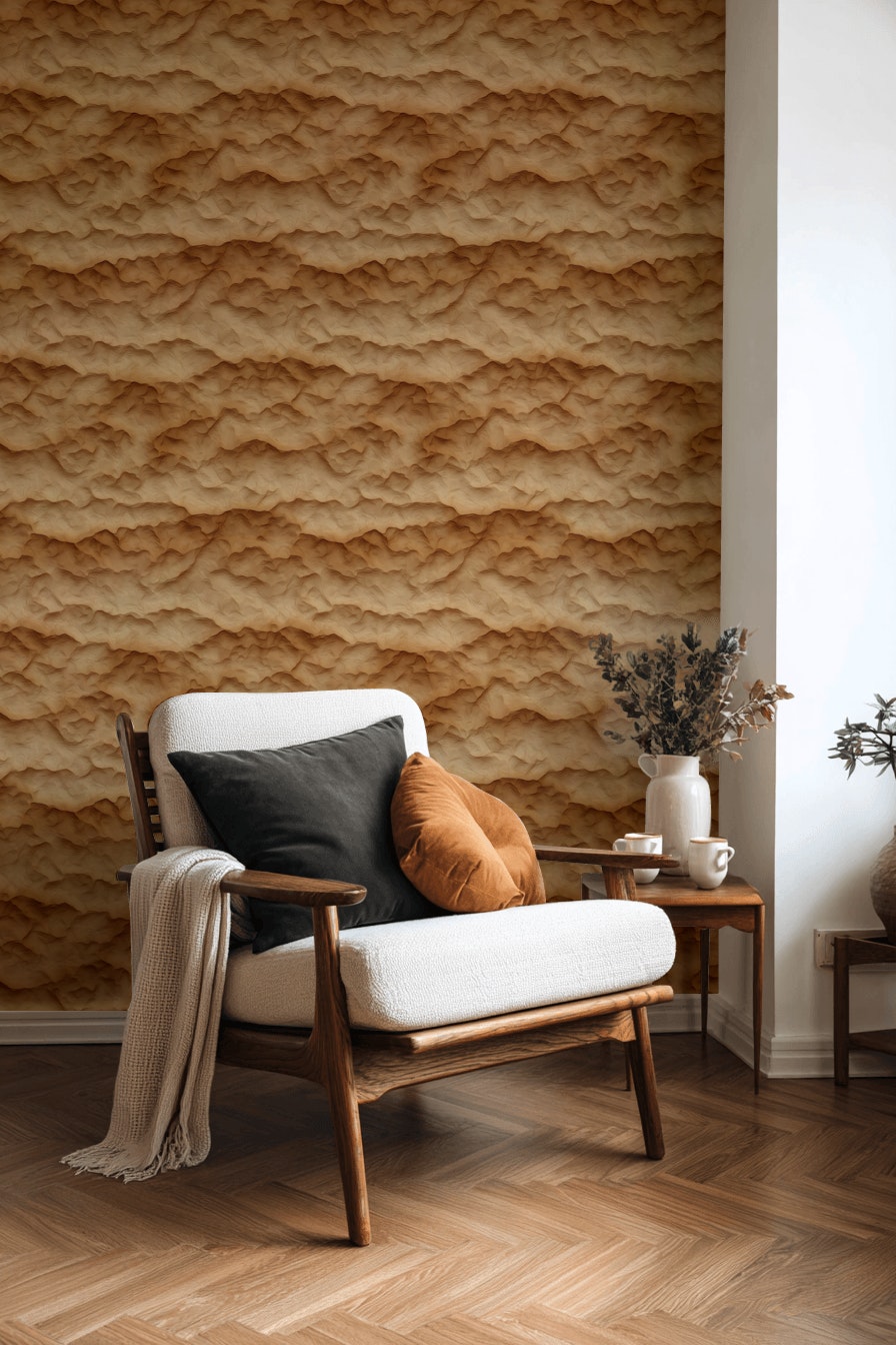Kum Taşı Görünümlü Duvar Kağıdı Bej Dalgalı Modern Salon