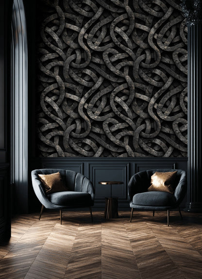 Düğümlü Geometrik Duvar Kağıdı Siyah Bronz Modern Salon