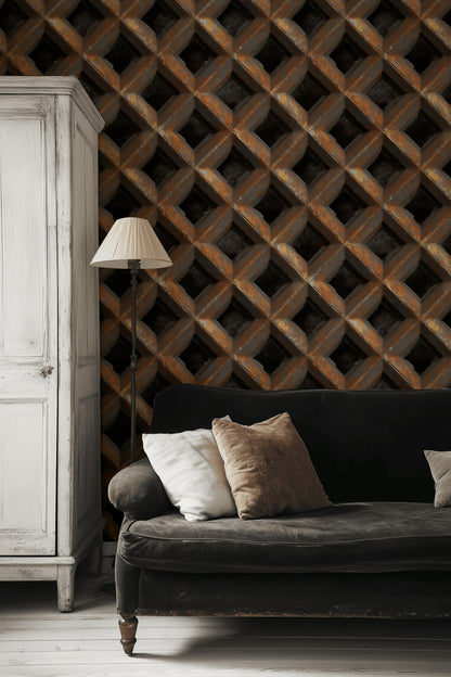 Geometrik Örgü Desenli Duvar Kağıdı Kahverengi Endüstriyel Salon