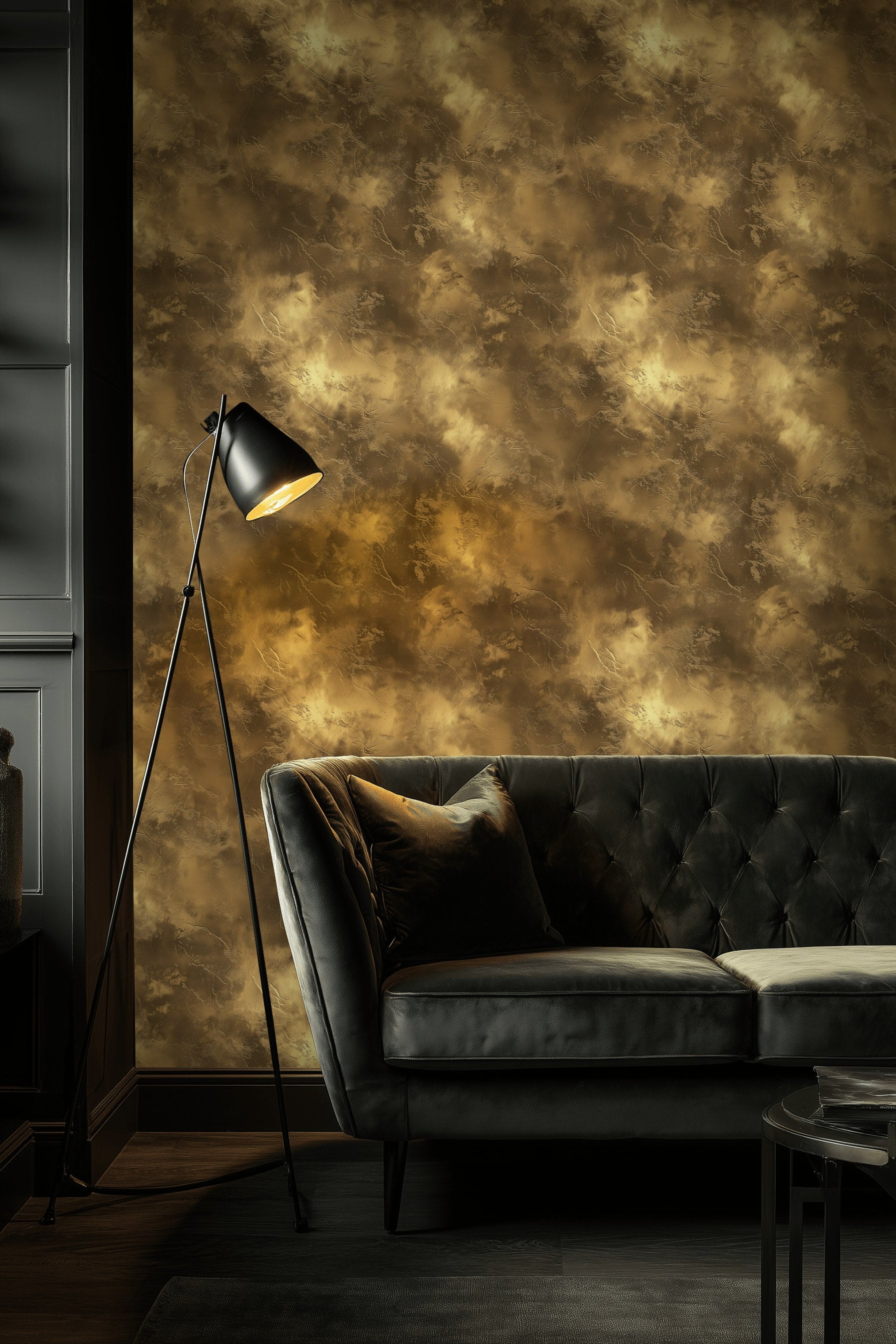 Altın Kahverengi Bulut Desenli Duvar Kağıdı Modern Salon
