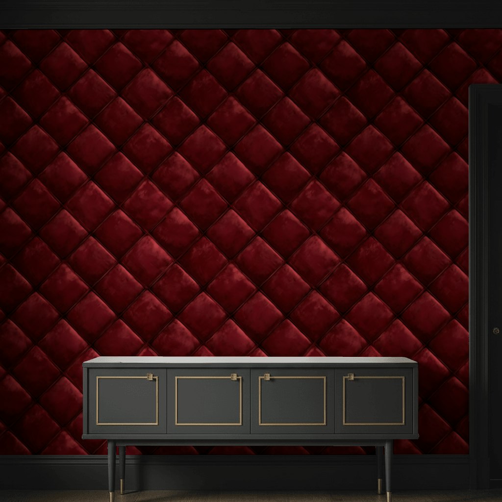 Bordo Kapitone Deri Görünümlü Duvar Kağıdı Modern Salon