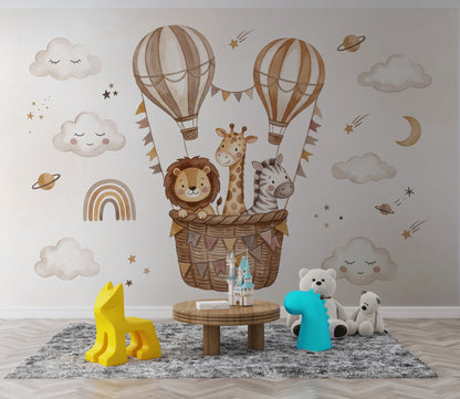 Balonlu Safari Hayvanları Poster Duvar Kağıdı Bej Çocuk Odası