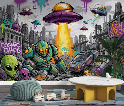 Uzaylı ve Robot Graffiti Poster Duvar Kağıdı Mor Yeşil