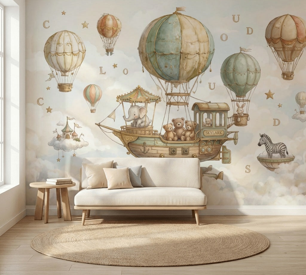 Balon ve Hayvanlı Poster Duvar Kağıdı Pastel Çocuk Odası