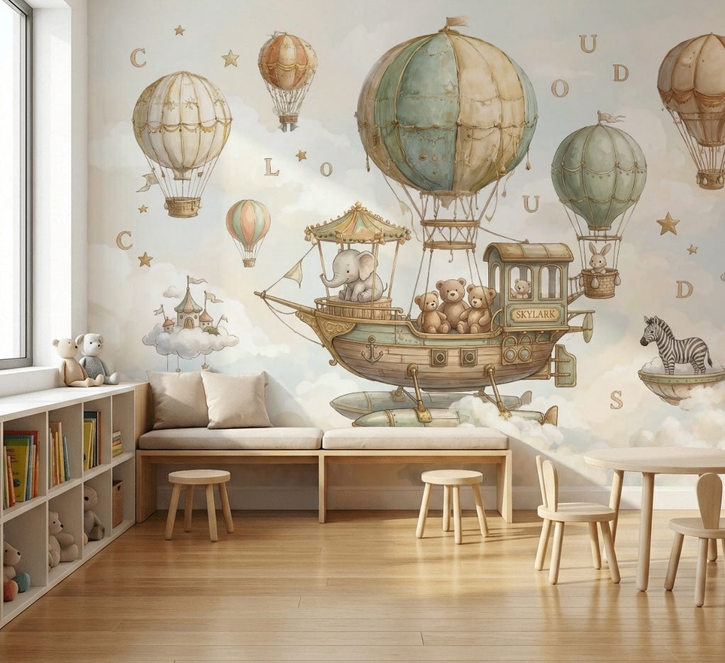 Balon ve Hayvanlı Poster Duvar Kağıdı Pastel Çocuk Odası