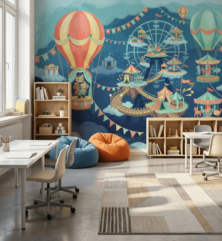 Lunapark Balonlu Poster Duvar Kağıdı Çocuk Odası Mavi