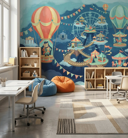 Lunapark Balonlu Poster Duvar Kağıdı Çocuk Odası Mavi