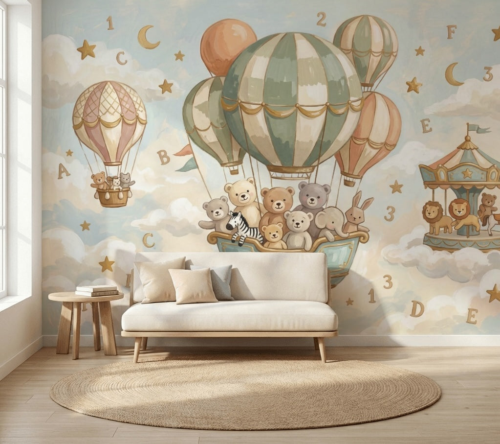 Uçan Balonlu Ayıcıklar Poster Duvar Kağıdı Bebek Odası Pastel