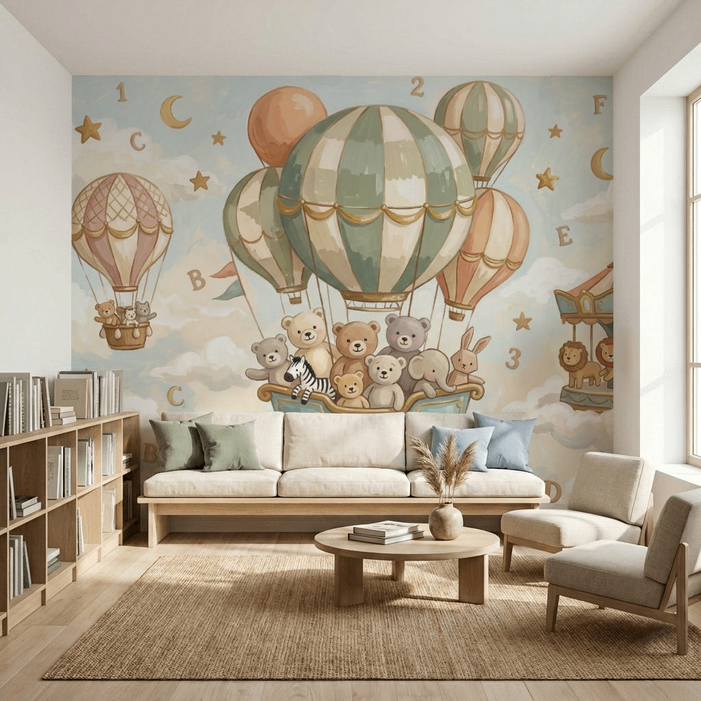 Uçan Balonlu Ayıcıklar Poster Duvar Kağıdı Bebek Odası Pastel