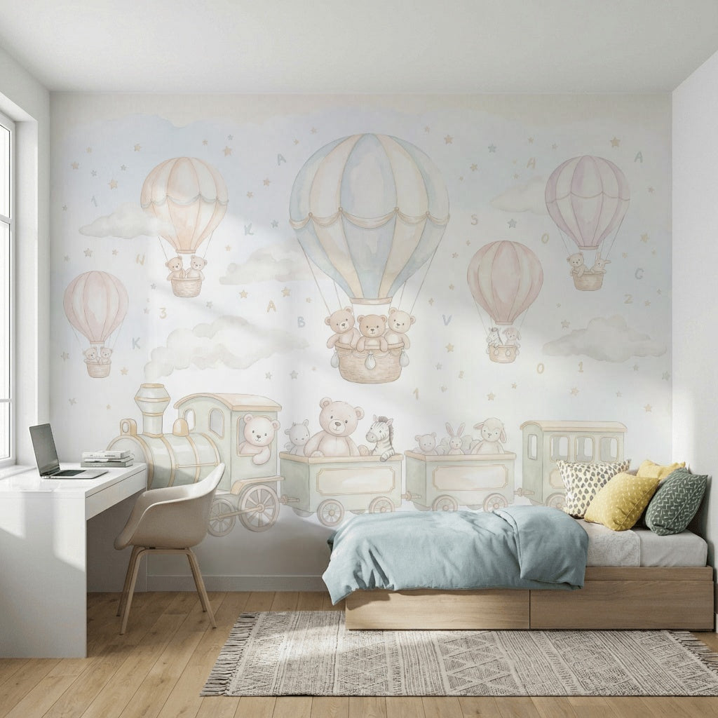 Balon ve Trenli Poster Duvar Kağıdı Pastel Çocuk Odası
