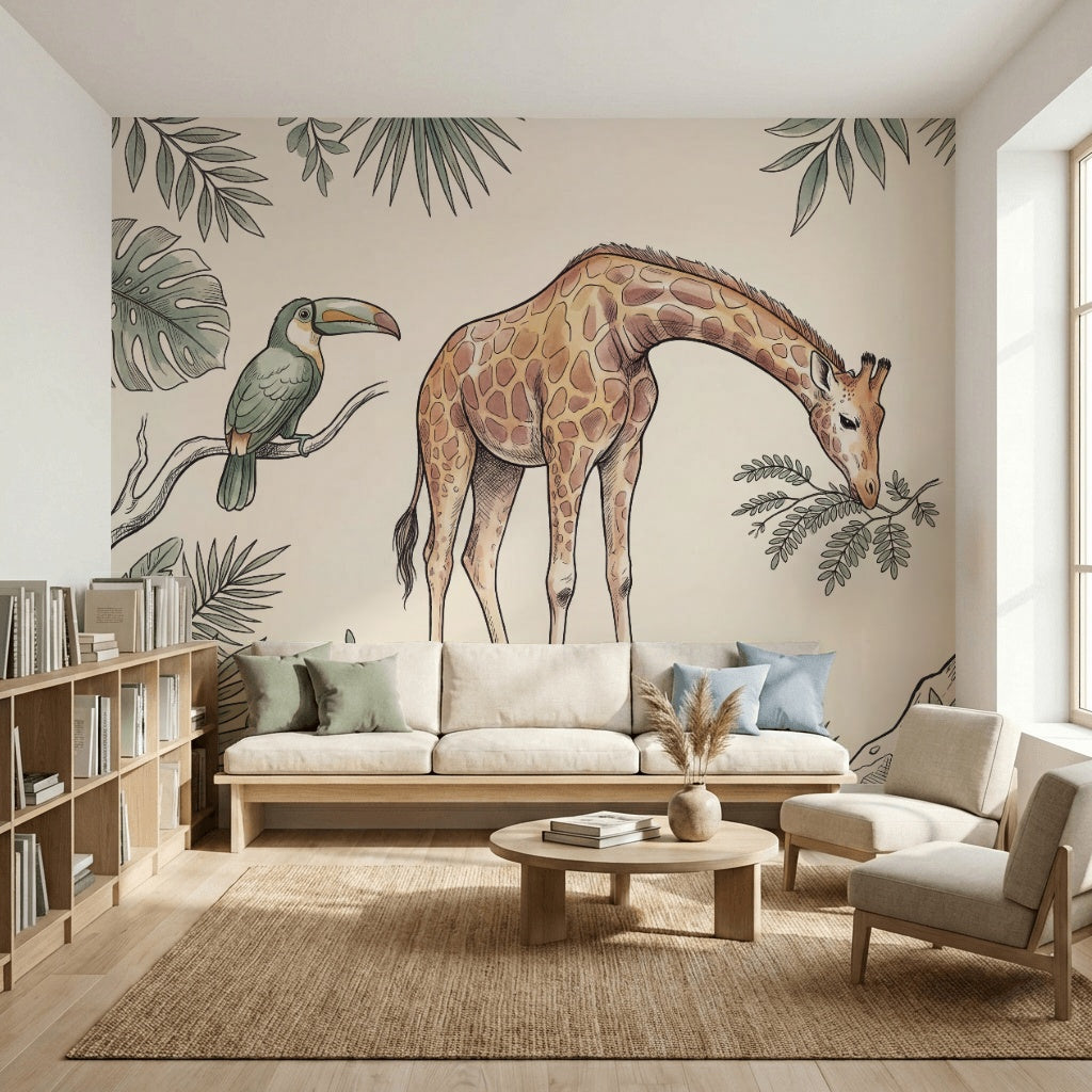 Zürafalı Safari Poster Duvar Kağıdı Yeşil Yapraklı Bebek Odası