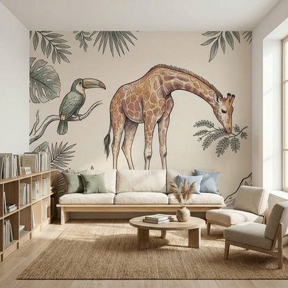 Zürafalı Safari Poster Duvar Kağıdı Yeşil Yapraklı Bebek Odası