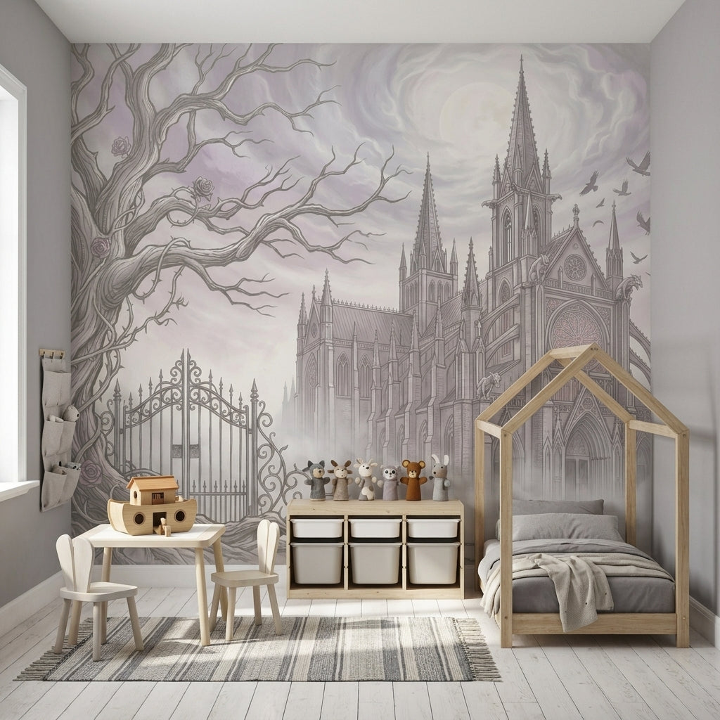 Gotik Katedral Çizimli Poster Duvar Kağıdı Gri Ton Salon