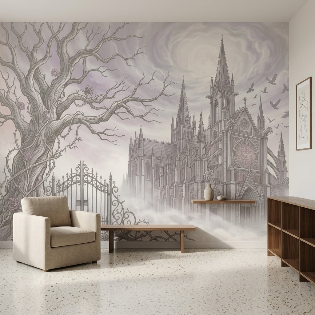 Gotik Katedral Çizimli Poster Duvar Kağıdı Gri Ton Salon
