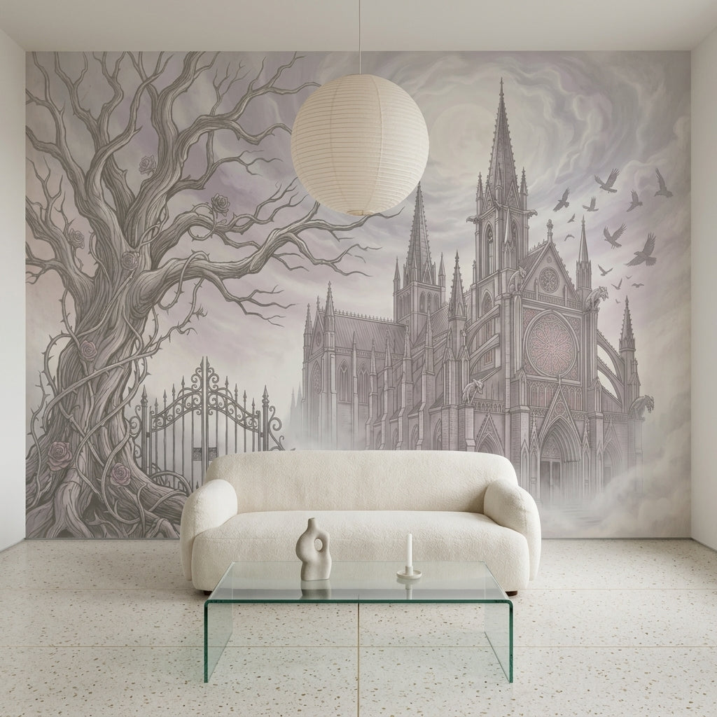 Gotik Katedral Çizimli Poster Duvar Kağıdı Gri Ton Salon