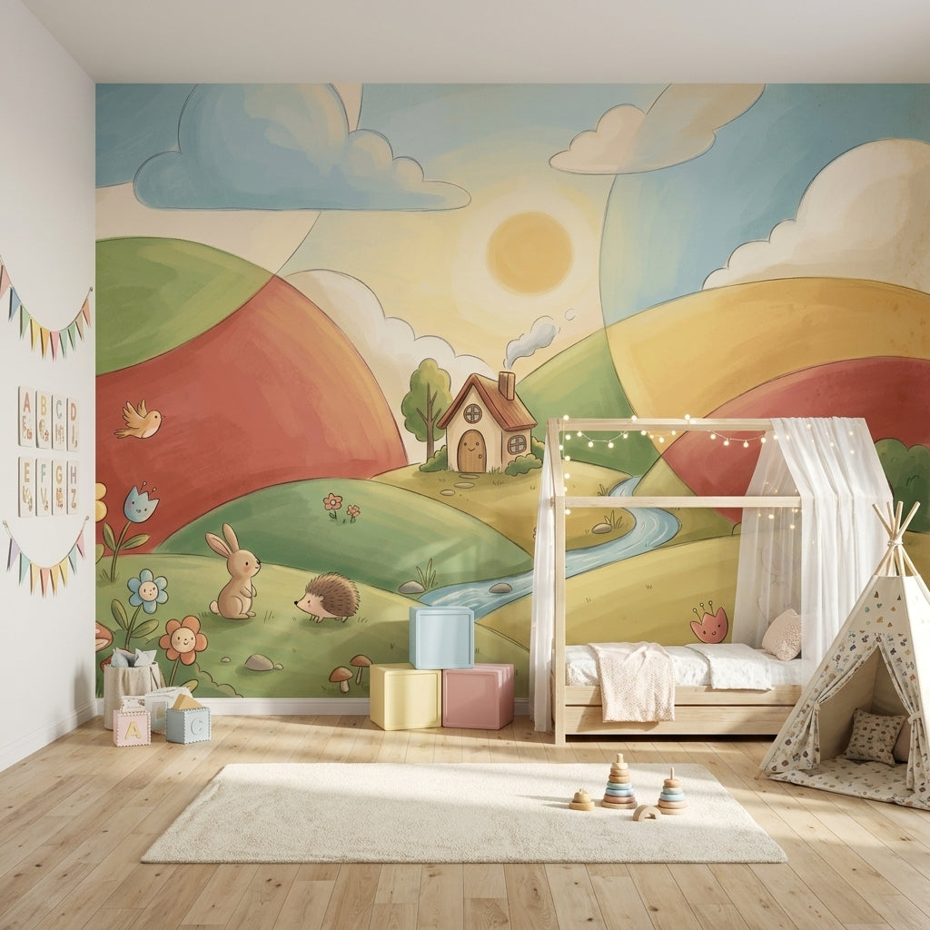 Masalsı Tepe Manzaralı Poster Duvar Kağıdı Çocuk Odası Pastel