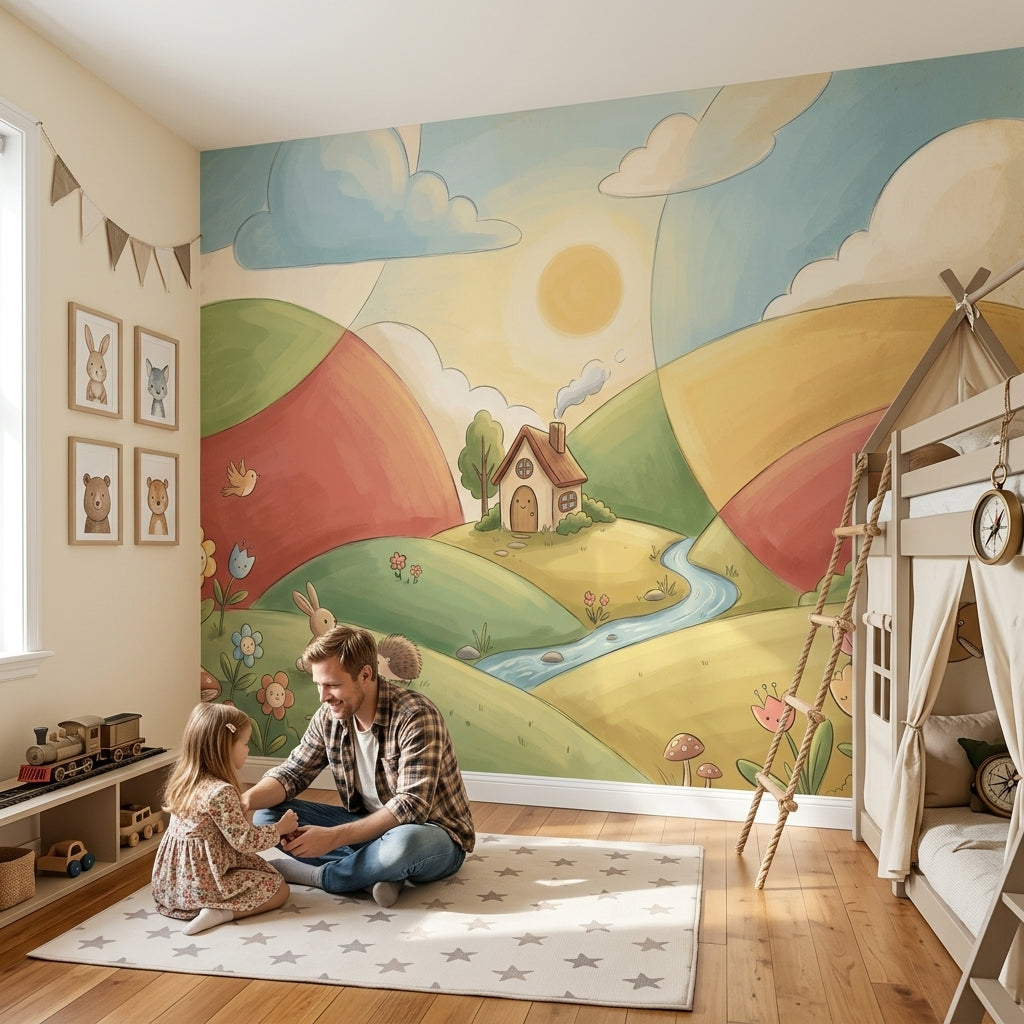 Masalsı Tepe Manzaralı Poster Duvar Kağıdı Çocuk Odası Pastel