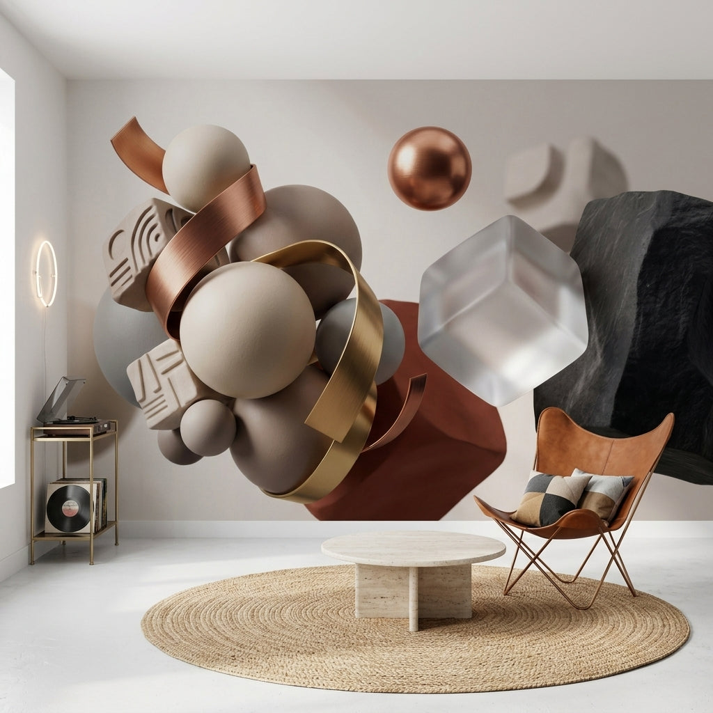 3 Boyutlu Geometrik Poster Duvar Kağıdı Bej Bronz Salon