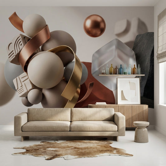 3 Boyutlu Geometrik Poster Duvar Kağıdı Bej Bronz Salon