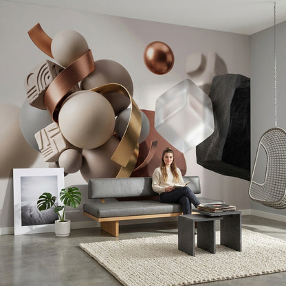 3 Boyutlu Geometrik Poster Duvar Kağıdı Bej Bronz Salon