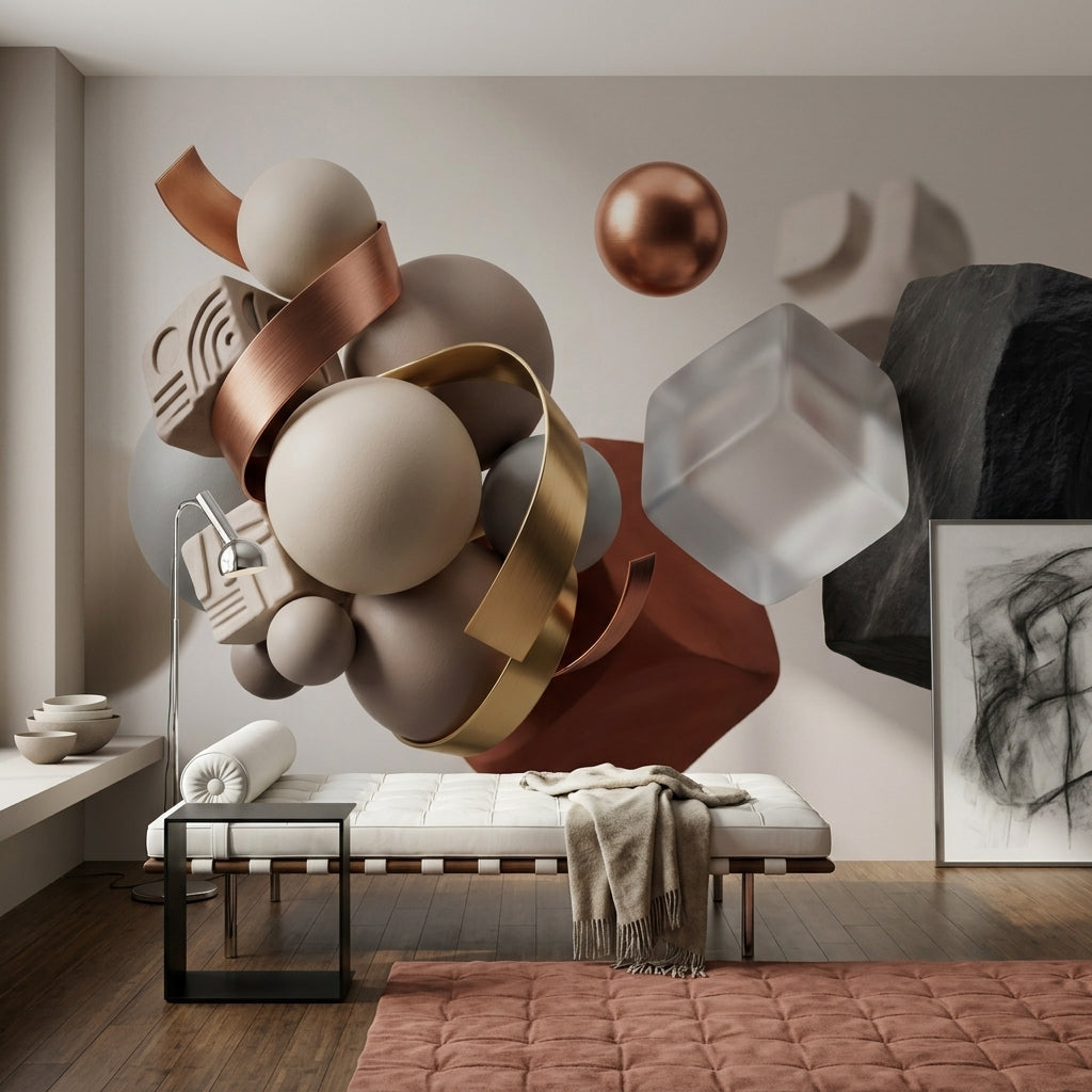 3 Boyutlu Geometrik Poster Duvar Kağıdı Bej Bronz Salon