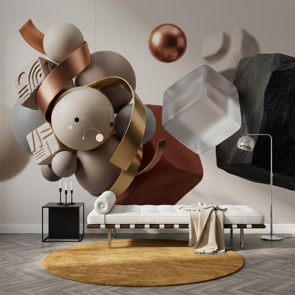 3 Boyutlu Geometrik Poster Duvar Kağıdı Bej Bronz Salon