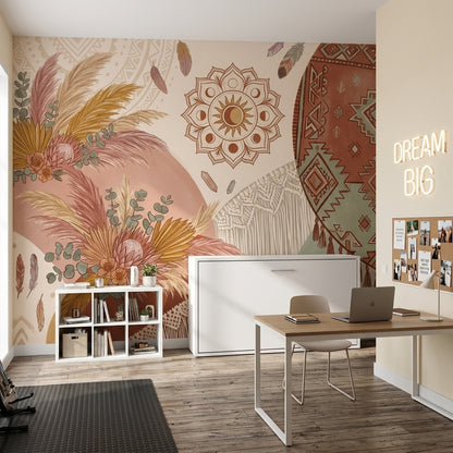 Etnik Kilim Desenli Poster Duvar Kağıdı Terracotta Bohem Yatak Odası