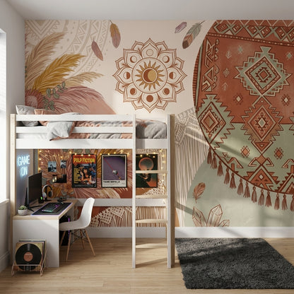 Etnik Kilim Desenli Poster Duvar Kağıdı Terracotta Bohem Yatak Odası