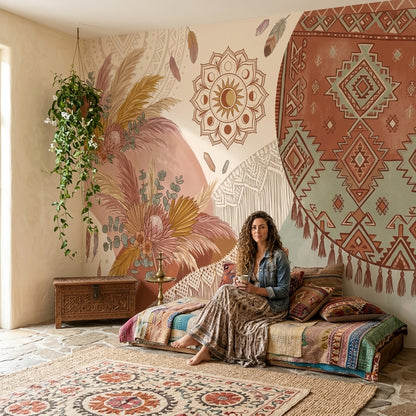 Etnik Kilim Desenli Poster Duvar Kağıdı Terracotta Bohem Yatak Odası