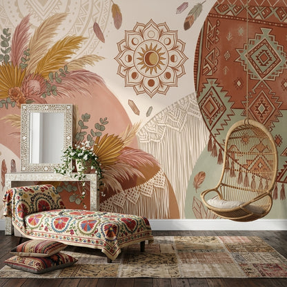 Etnik Kilim Desenli Poster Duvar Kağıdı Terracotta Bohem Yatak Odası