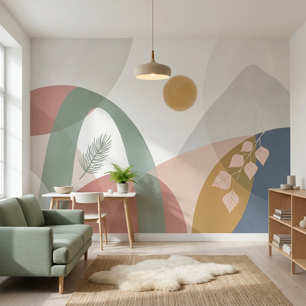 Pastel Soyut Geometrik Poster Duvar Kağıdı Bej Salon Duvarı