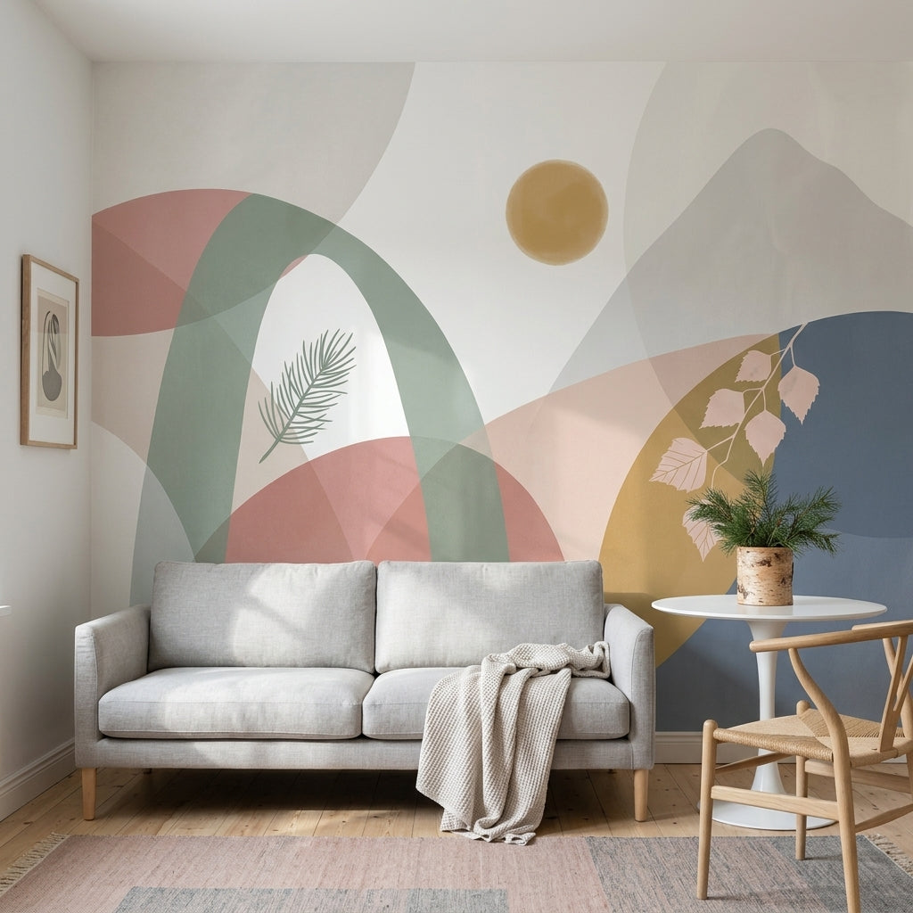 Pastel Soyut Geometrik Poster Duvar Kağıdı Bej Salon Duvarı