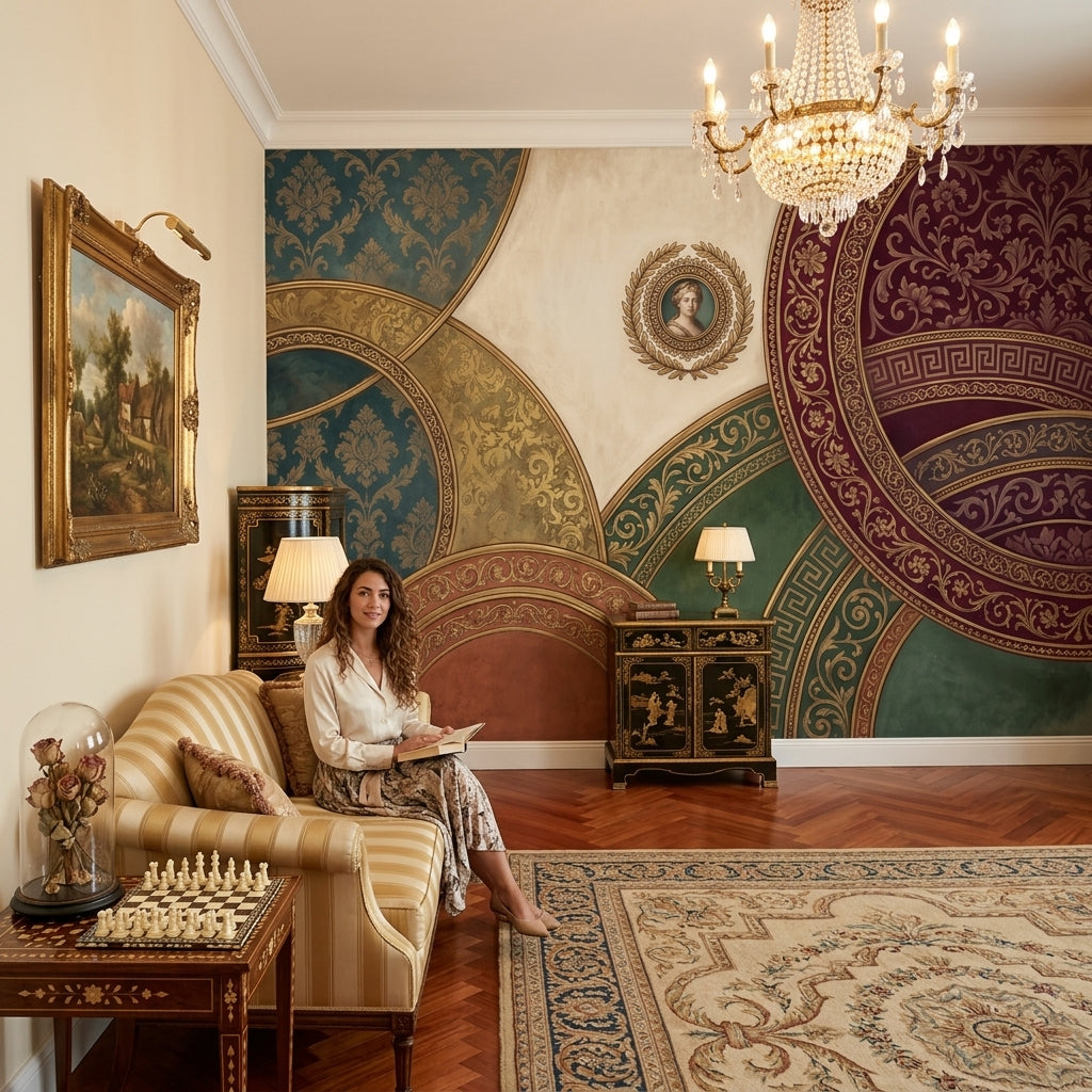 Klasik Desenli Poster Duvar Kağıdı Yeşil Bordo Altın Salon