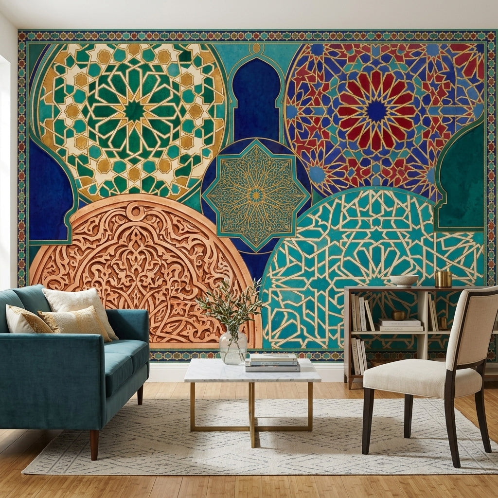 Osmanlı Çini Desenli Poster Duvar Kağıdı Turkuaz Lacivert Salon