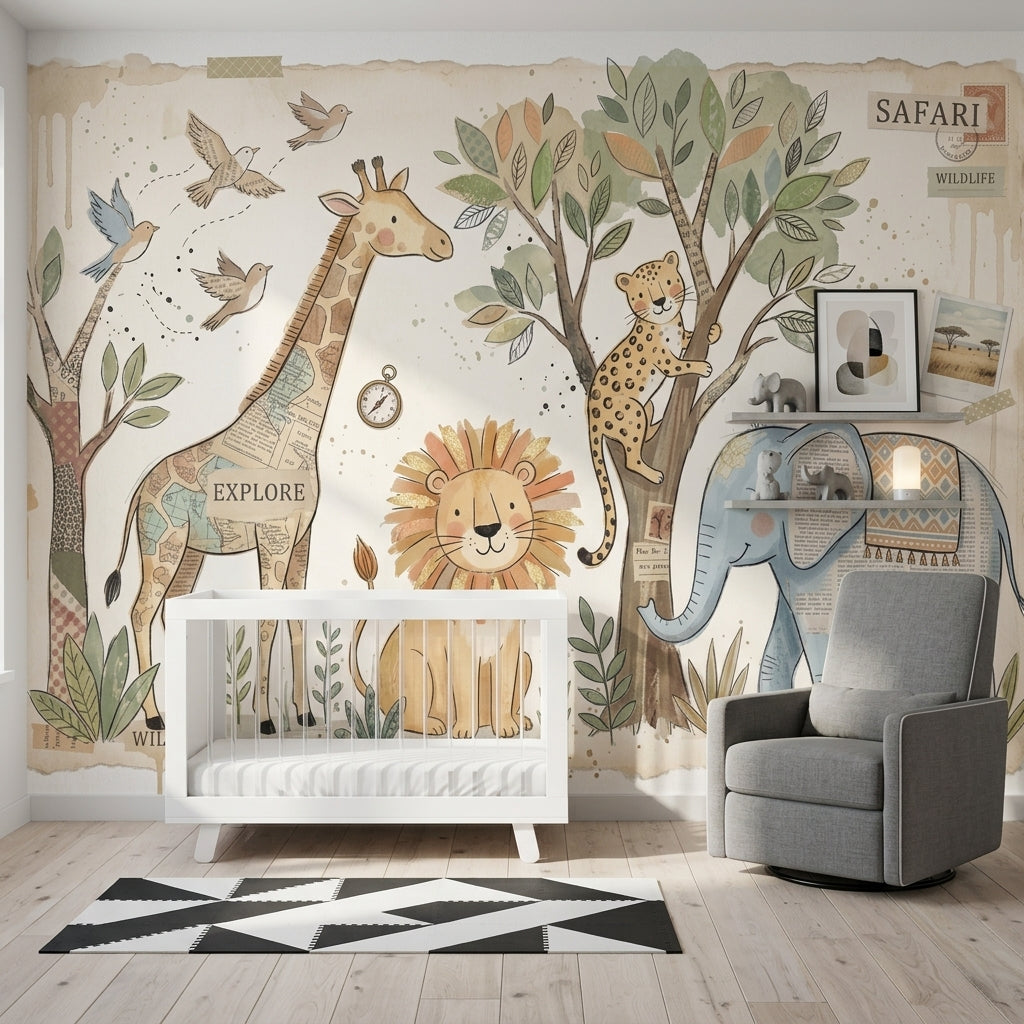 Safari Hayvanlı Poster Duvar Kağıdı Pastel Çocuk Odası Desenli