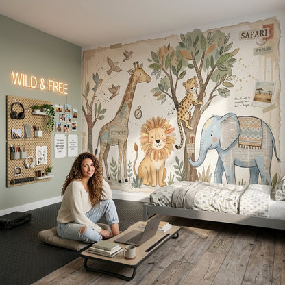 Safari Hayvanlı Poster Duvar Kağıdı Pastel Çocuk Odası Desenli