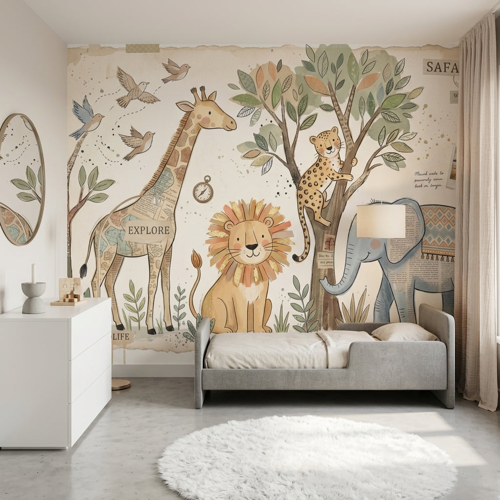 Safari Hayvanlı Poster Duvar Kağıdı Pastel Çocuk Odası Desenli
