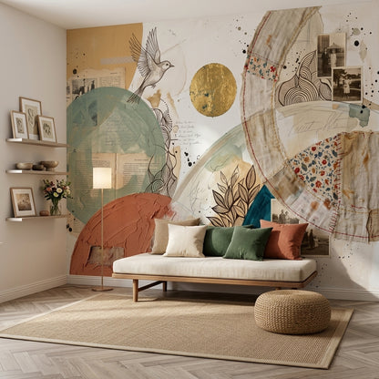 Soyut Kolaj Poster Duvar Kağıdı Bej Tonlu Salon Dekoru