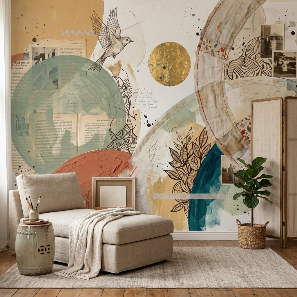 Soyut Kolaj Poster Duvar Kağıdı Bej Tonlu Salon Dekoru