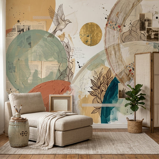 Soyut Kolaj Poster Duvar Kağıdı Bej Tonlu Salon Dekoru