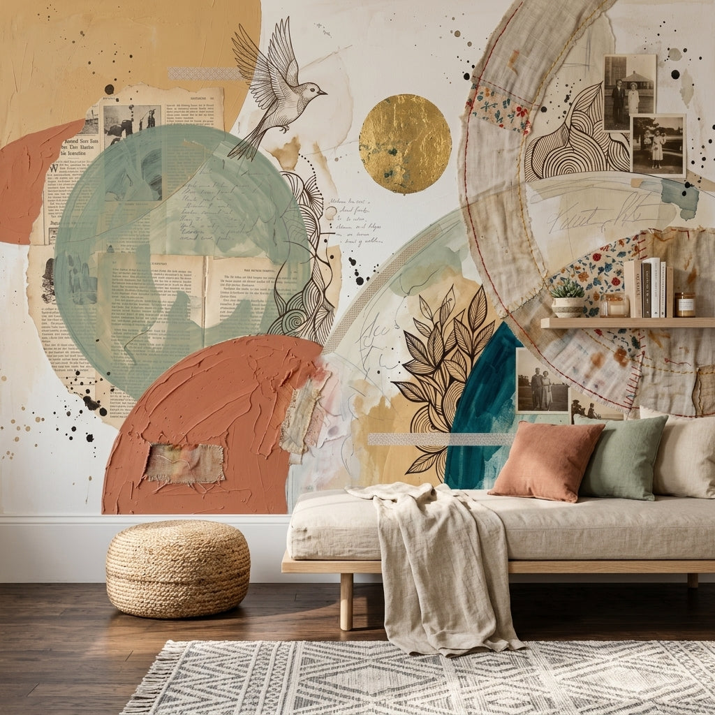 Soyut Kolaj Poster Duvar Kağıdı Bej Tonlu Salon Dekoru