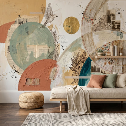 Soyut Kolaj Poster Duvar Kağıdı Bej Tonlu Salon Dekoru