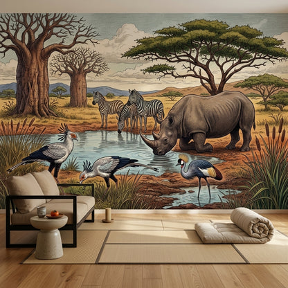 Safari Hayvanları Poster Duvar Kağıdı Su Kenarı Doğa Sahnesi