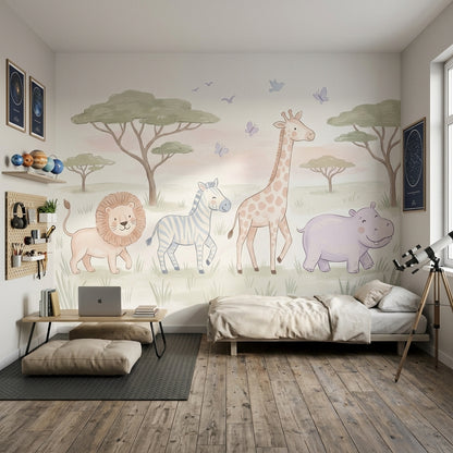 Safari Hayvanlı Poster Duvar Kağıdı Pastel Çocuk Odası Duvarı