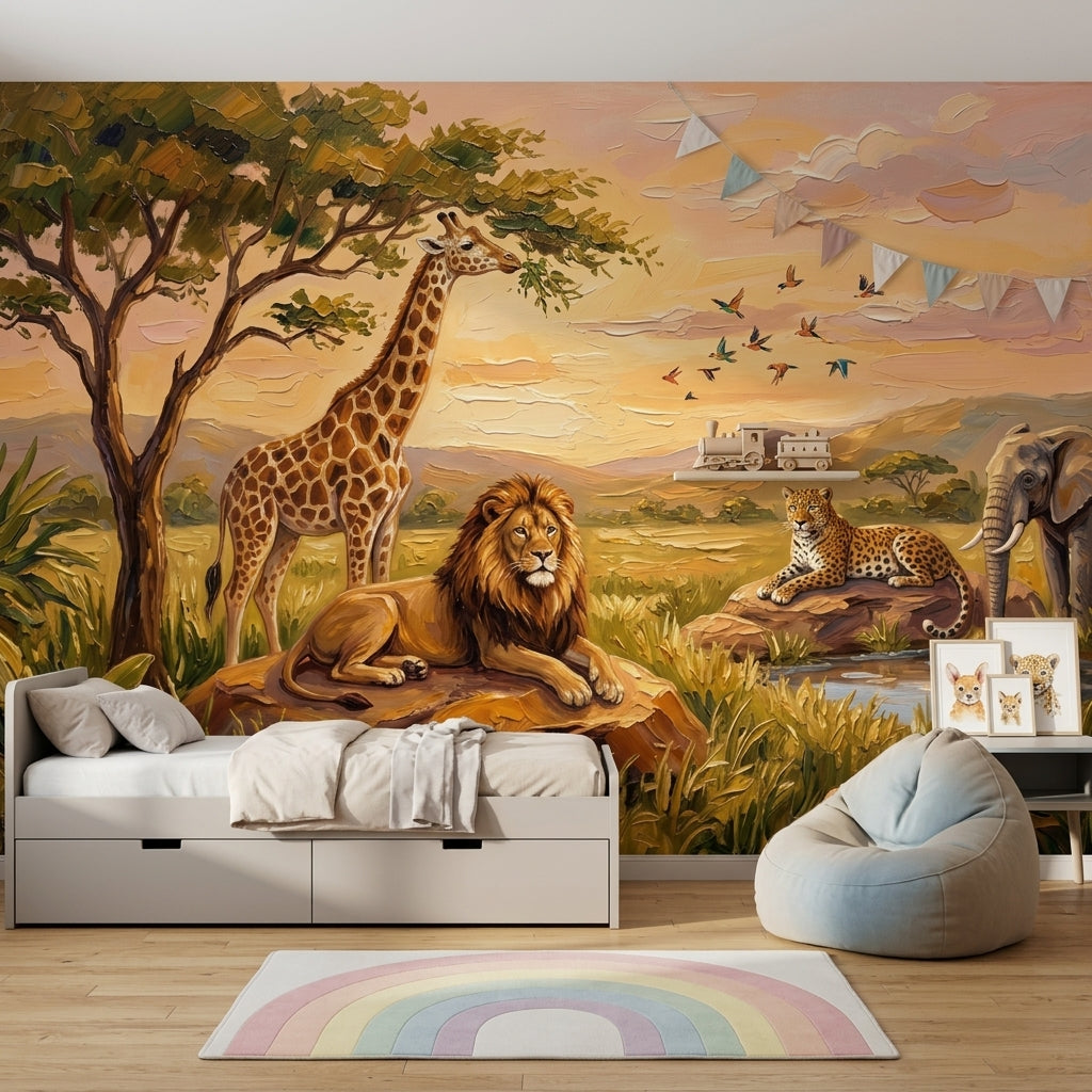 Safari Hayvanlı Poster Duvar Kağıdı Çocuk Odası Gün Batımı