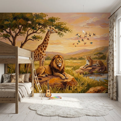 Safari Hayvanlı Poster Duvar Kağıdı Çocuk Odası Gün Batımı