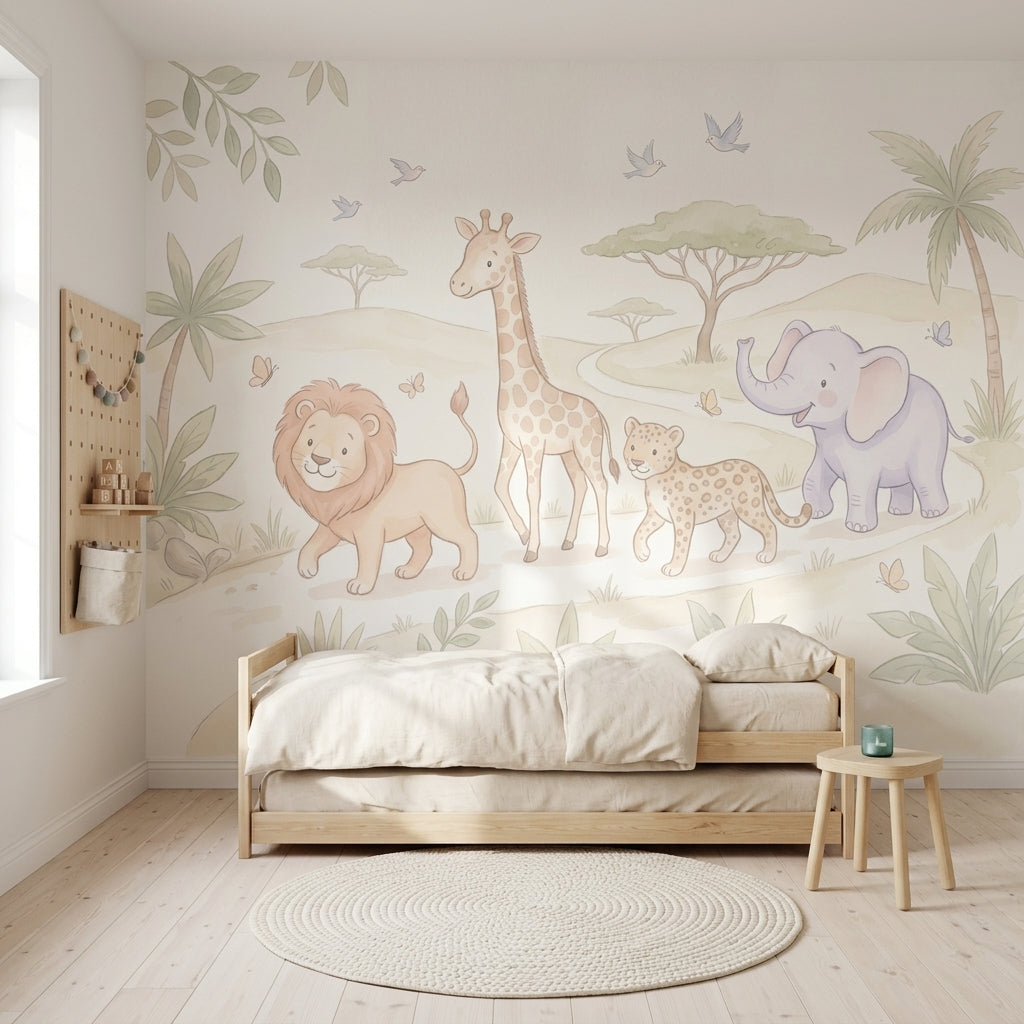 Safari Hayvanlı Poster Duvar Kağıdı Pastel Çocuk Odası Duvarı
